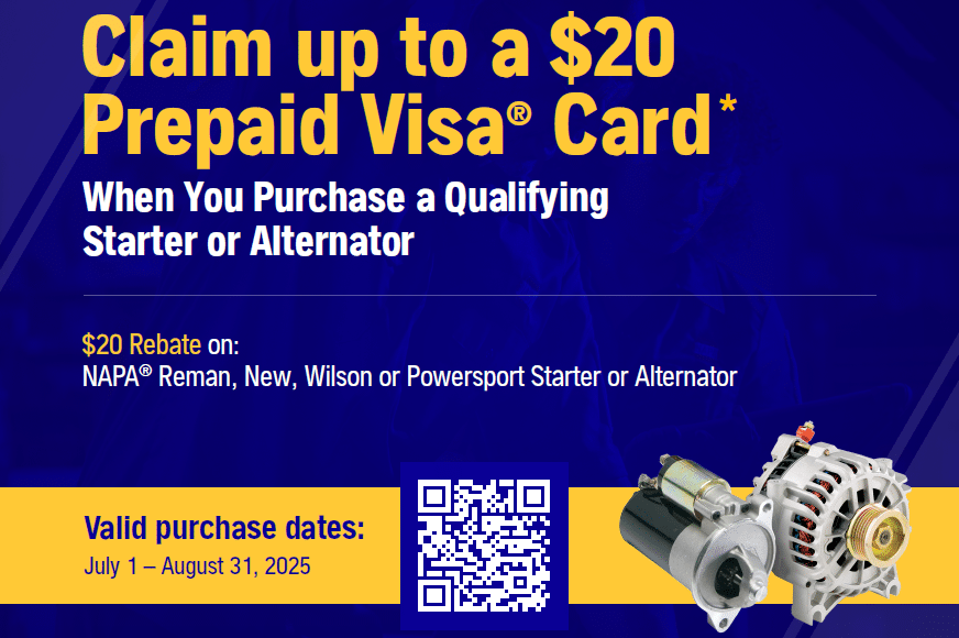 NAPA $20 back on starters or alternators