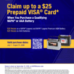 NAPA AutoCare battery rebate: claim a prepaid card on a qualifying NAPA or AAA battery, July 1 to August 31, 2026