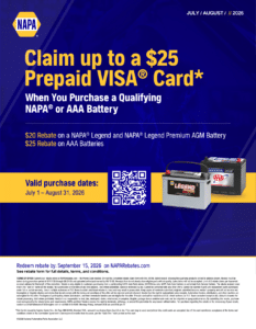 NAPA AutoCare battery rebate: claim a prepaid card on a qualifying NAPA or AAA battery, July 1 to August 31, 2026