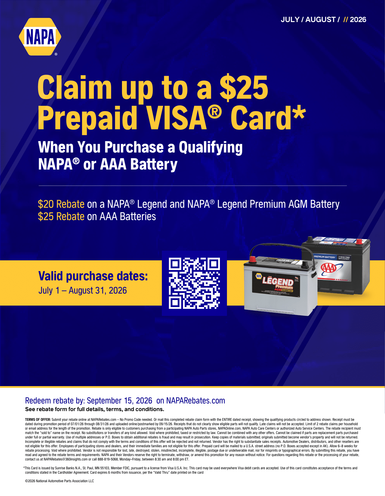 NAPA AutoCare battery rebate: claim a prepaid card on a qualifying NAPA or AAA battery, July 1 to August 31, 2026