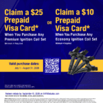 NAPA AutoCare ignition coil rebate: prepaid card on a full ignition coil set, July 1 to August 31, 2026