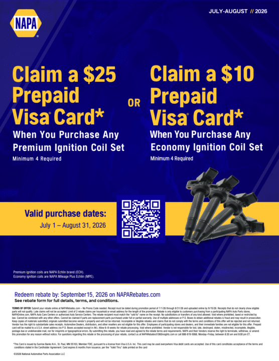 NAPA AutoCare ignition coil rebate: prepaid card on a full ignition coil set, July 1 to August 31, 2026