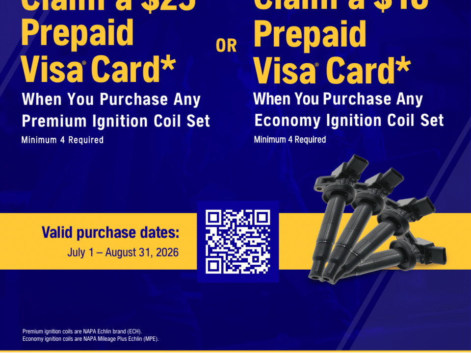 NAPA AutoCare ignition coil rebate: prepaid card on a full ignition coil set, July 1 to August 31, 2026